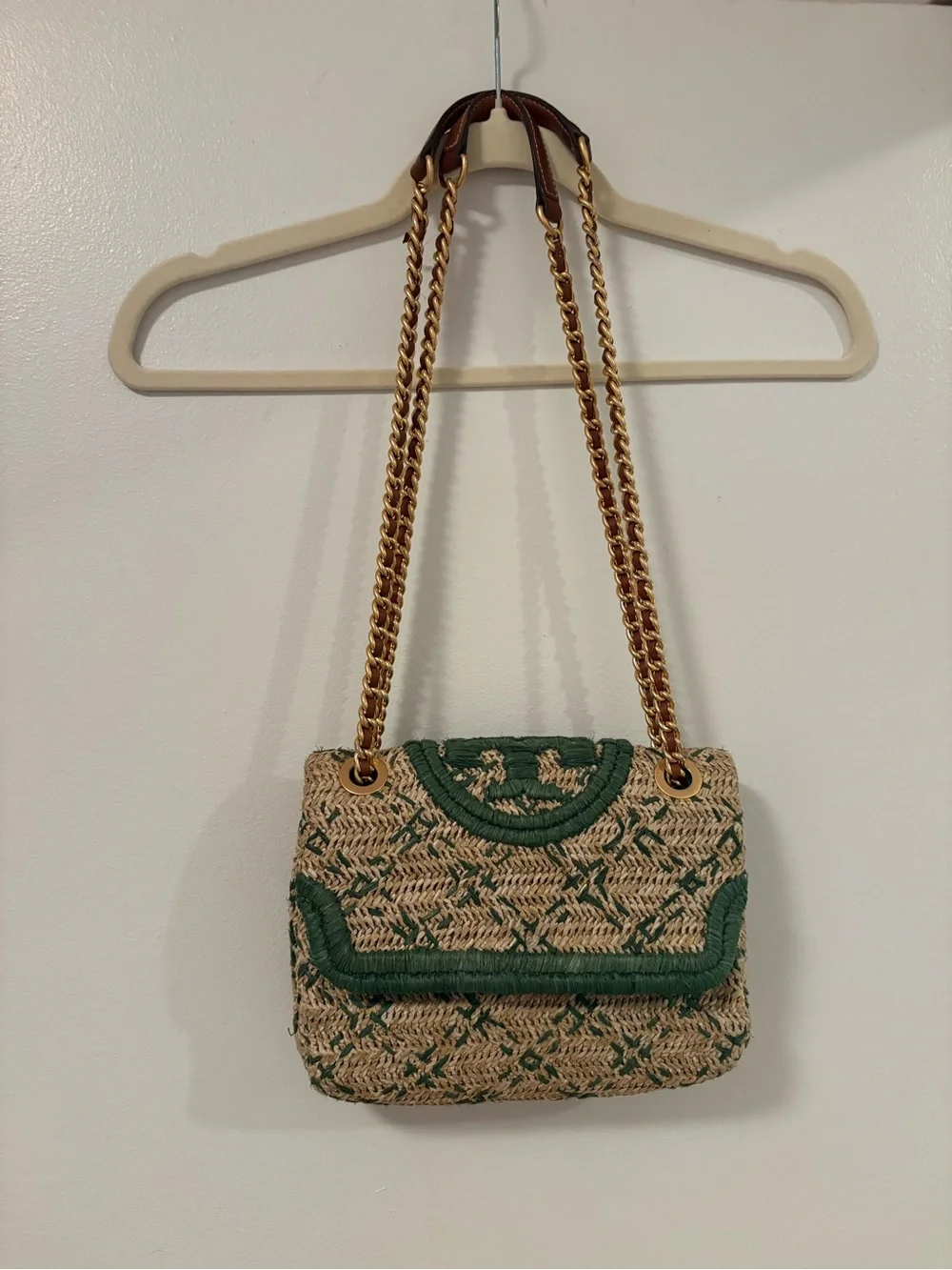 Tory Burch Fleming Woven Straw Raffia Shoulder Bag - Green & Natural Chain Strap